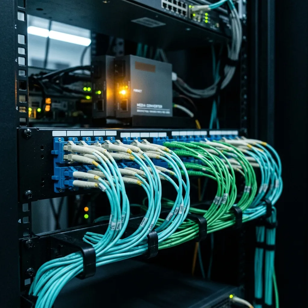 Terminaison de fibre optique avec connecteurs LC sur panneau de brassage haute densité