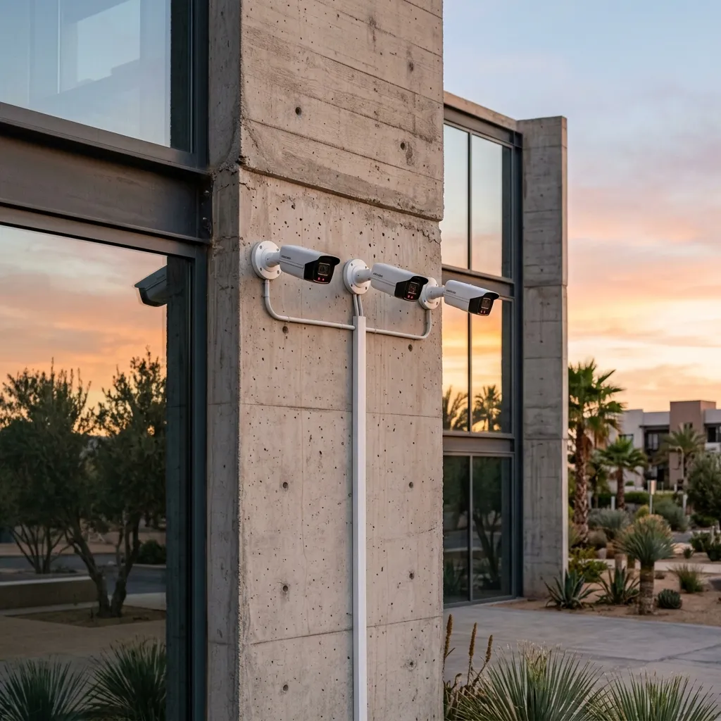 Système de caméras de sécurité IP de type bullet positionnées en façade de bâtiment commercial