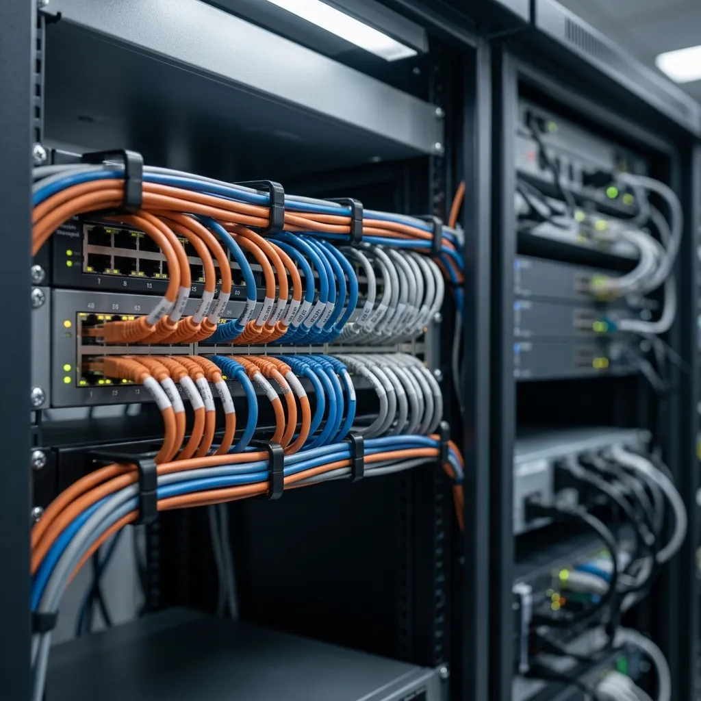 Exemple de câblage réseau structuré propre sur un commutateur (switch) managé 48 ports