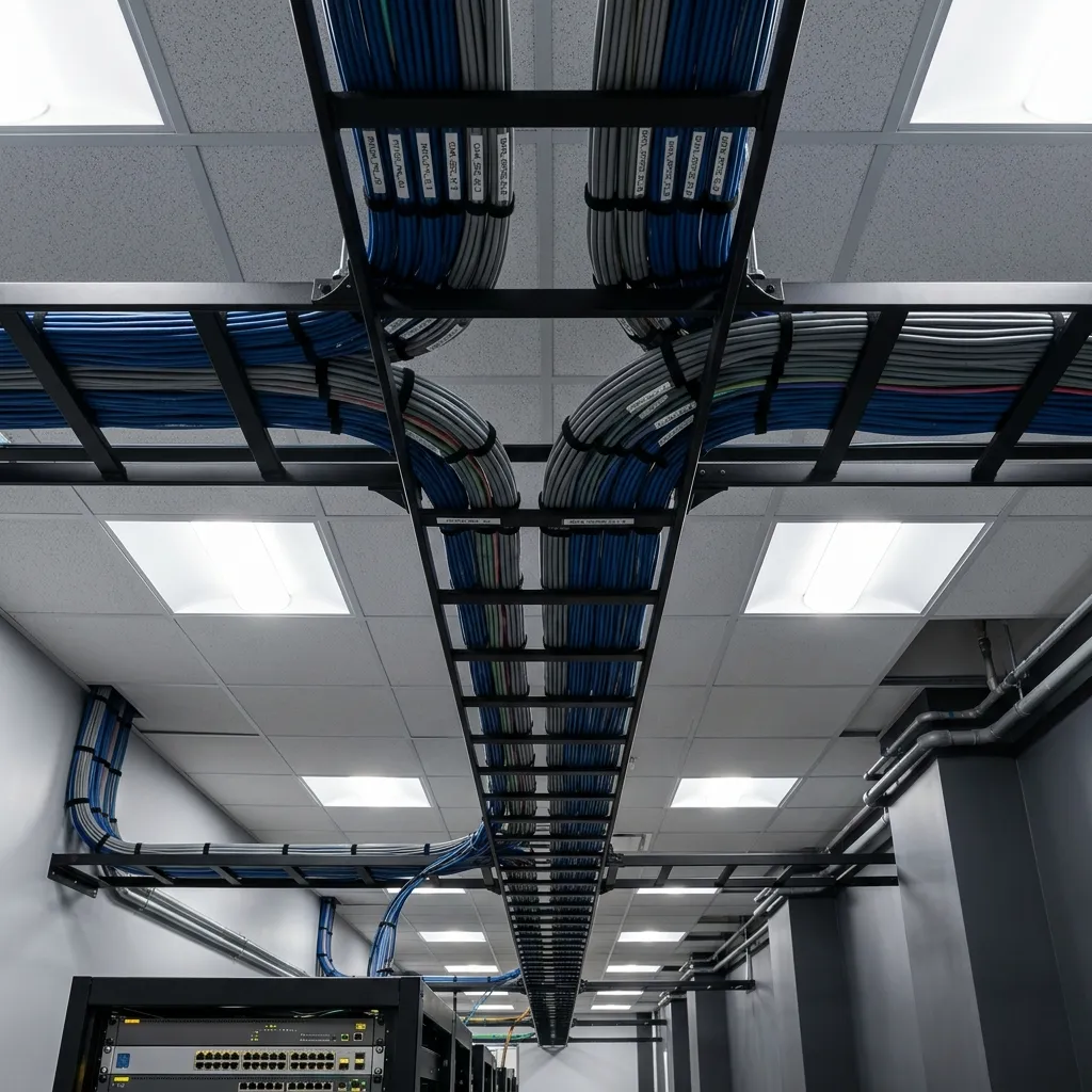 Cheminement organisé de câblage réseau structuré à haute performance en environnement professionnel
