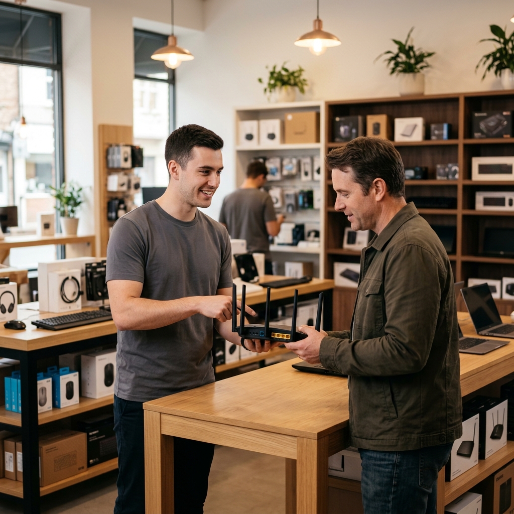 Conseiller commercial accompagnant un client dans le choix de matériel informatique