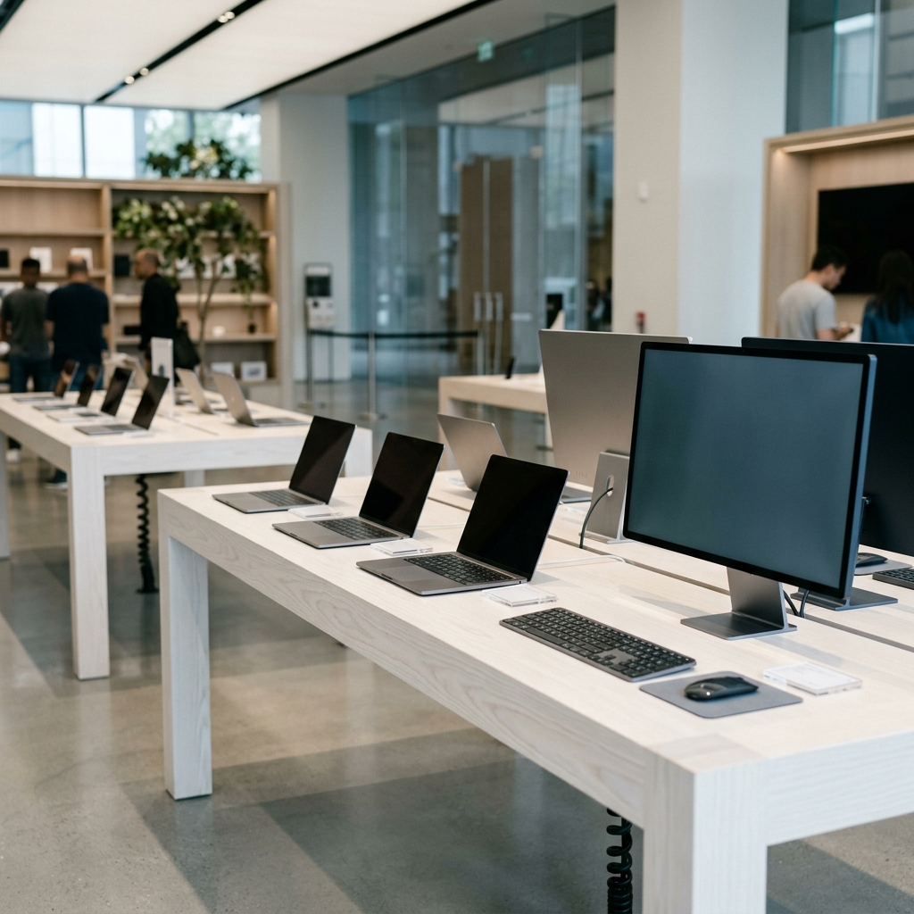 Espace showroom MaxiStore présentant des ordinateurs portables et matériel de bureau professionnel